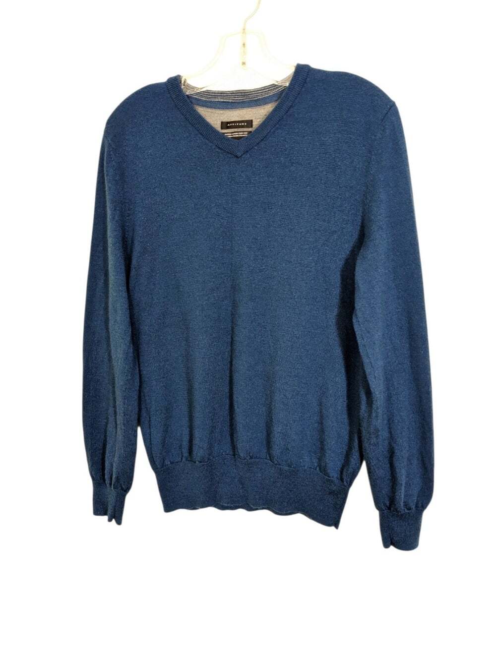 Attitude Mens 100% Merino Wool V Neck Sweater Machine Washable Teal Size Medium